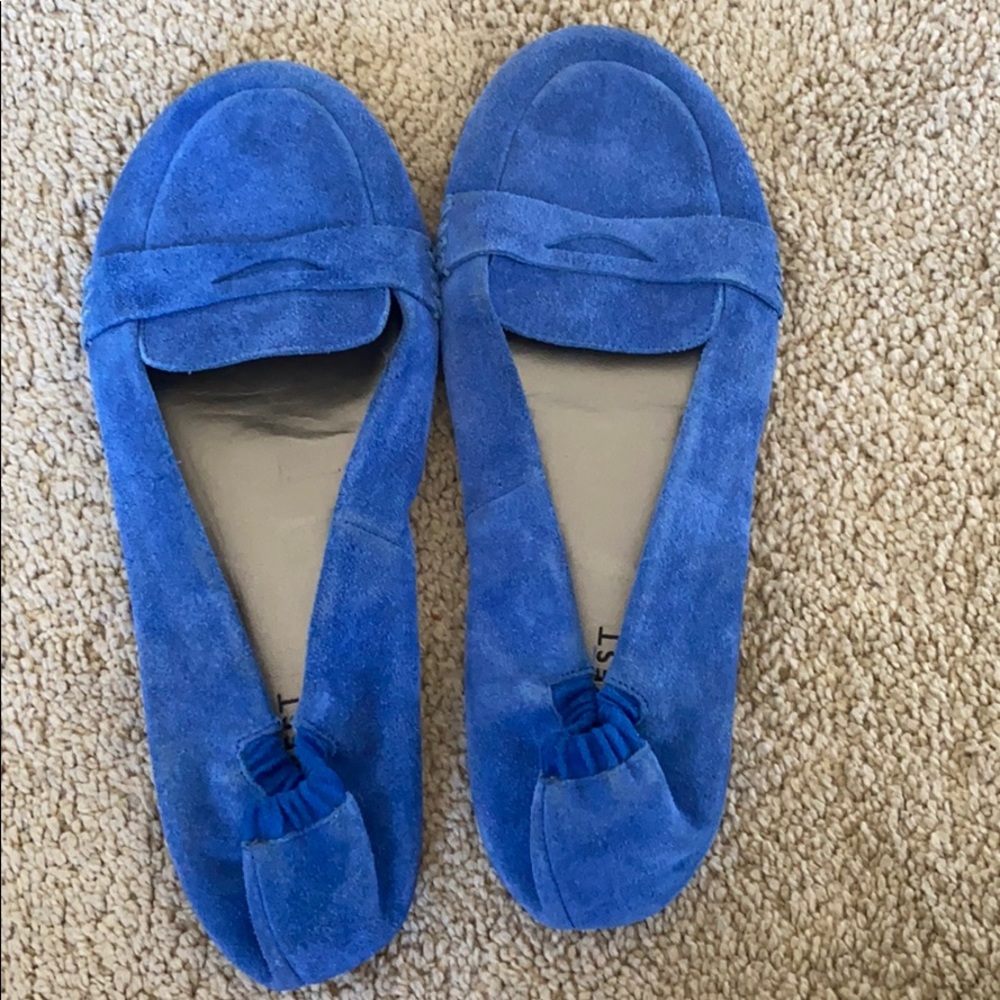 Blue suede slip-on penny loafer flats